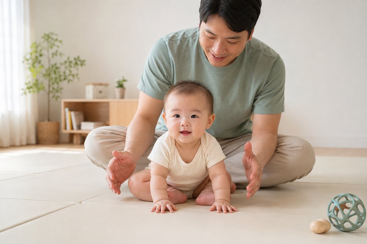 아빠가 뒤에서 지켜보는 가운데 두 손을 바닥에 짚고 앉은 아기