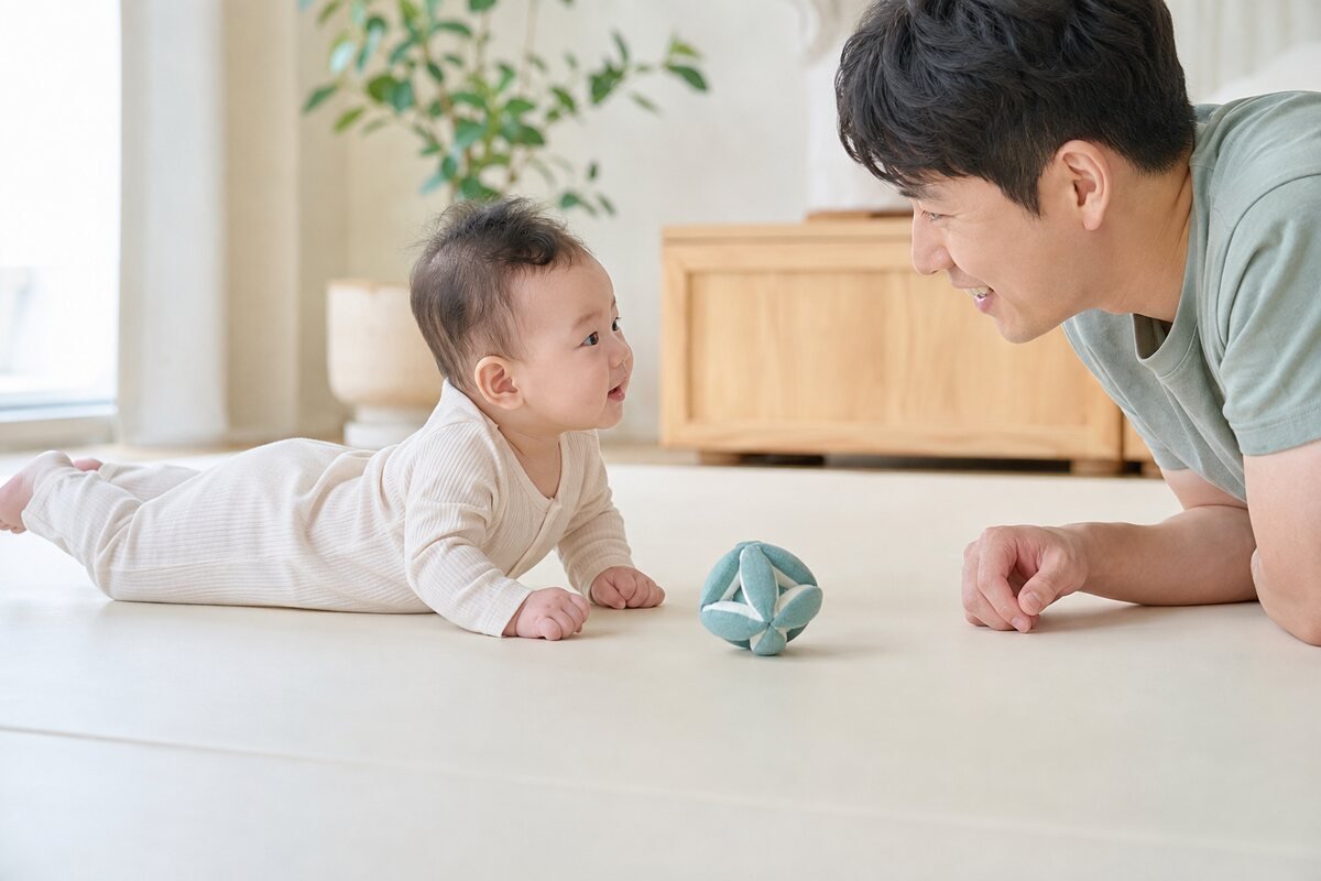 아빠가 지켜보는 가운데 엎드려 팔로 바닥을 밀며 노는 아기