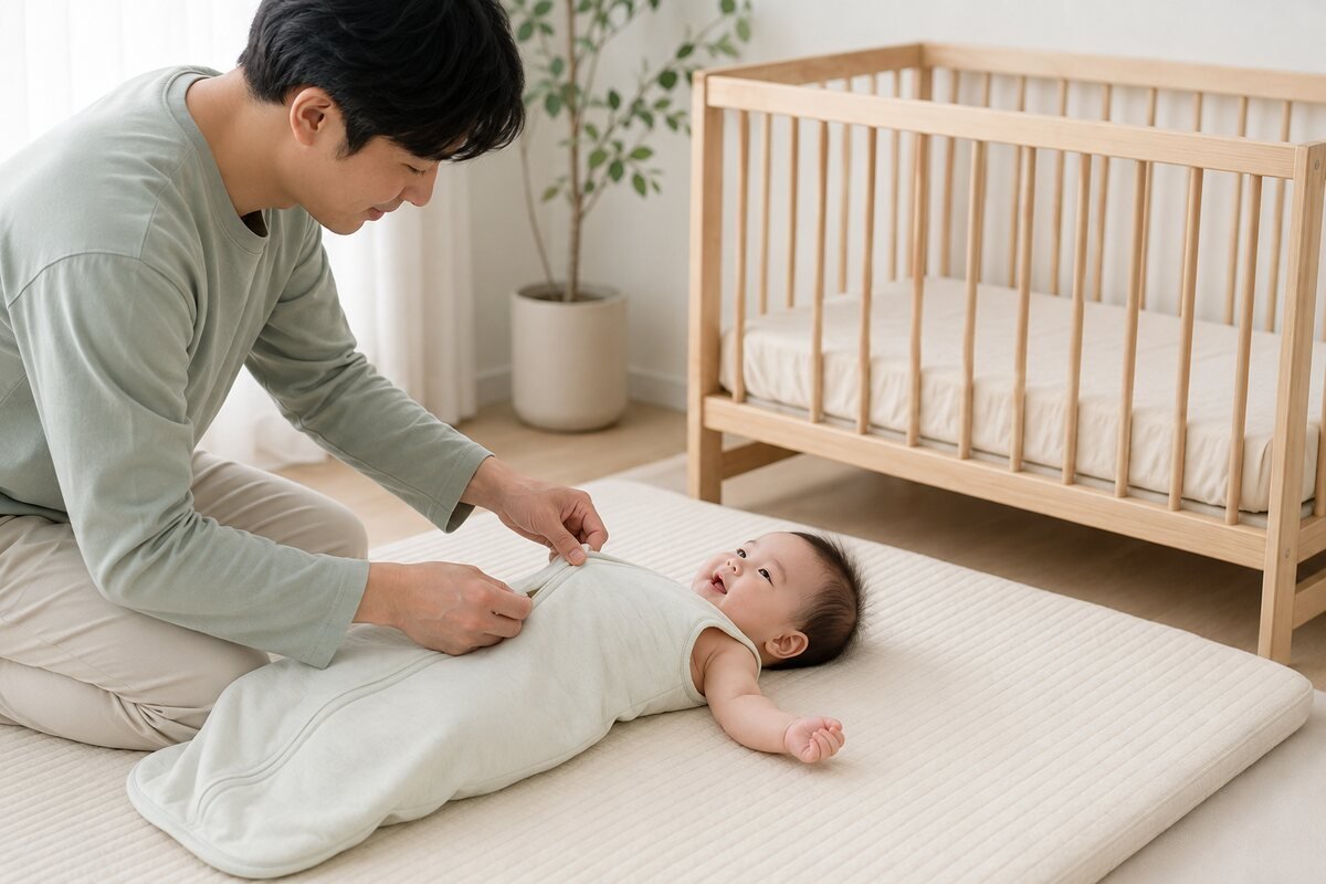 아빠가 아기에게 팔이 자유로운 수면조끼를 입히는 모습