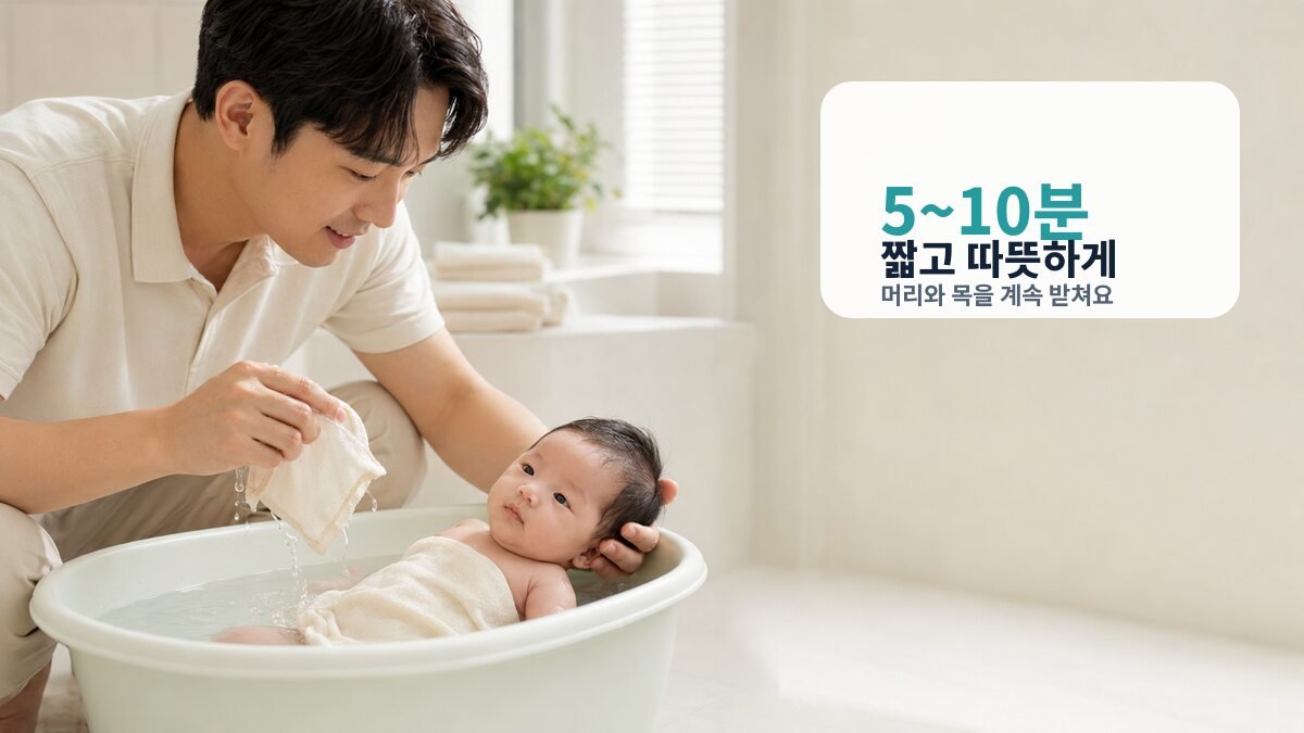 신생아의 머리와 목을 받치며 짧게 목욕시키는 아빠