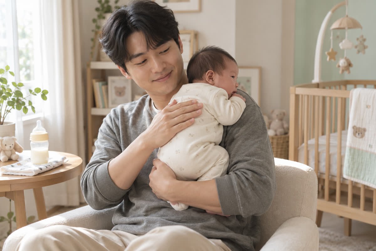 신생아 수유 중간에 아기를 세워 안고 숨을 고르며 부드럽게 트림시키는 보호자