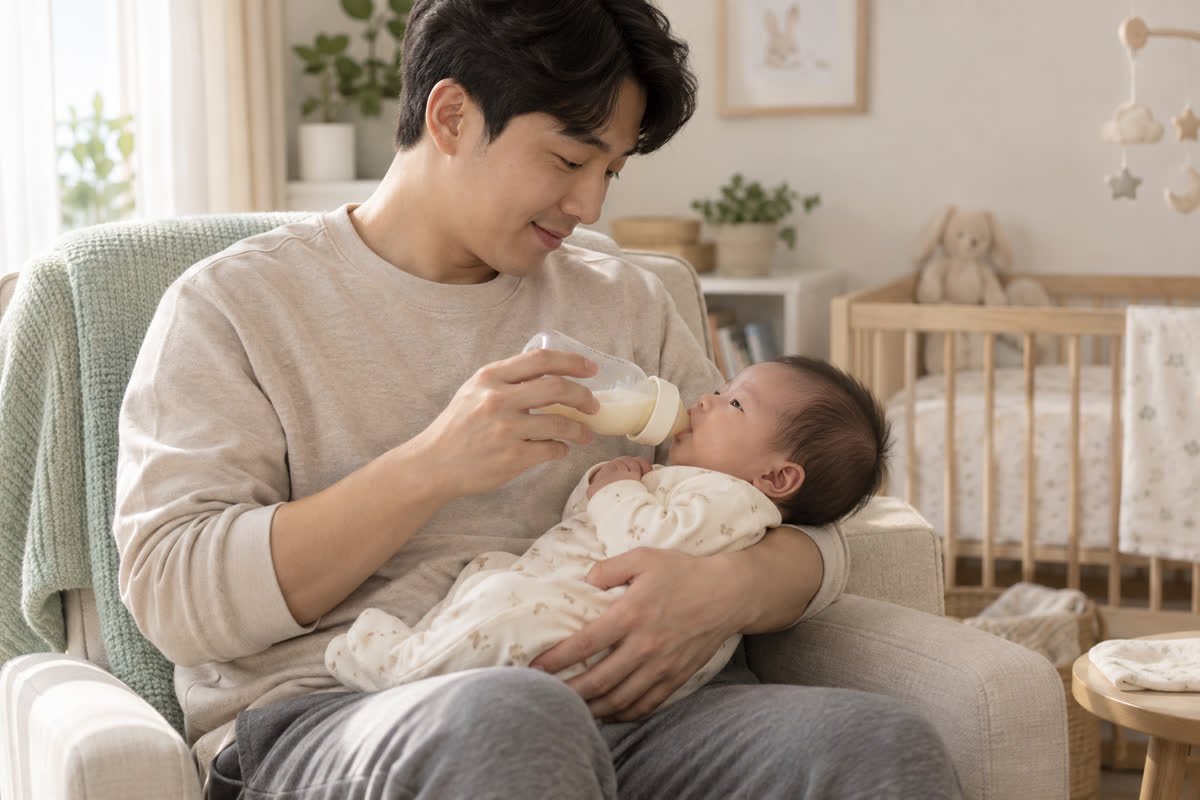 신생아의 머리와 목을 받쳐 반쯤 세운 자세로 젖병 수유하며 공기 삼킴을 줄이는 방법