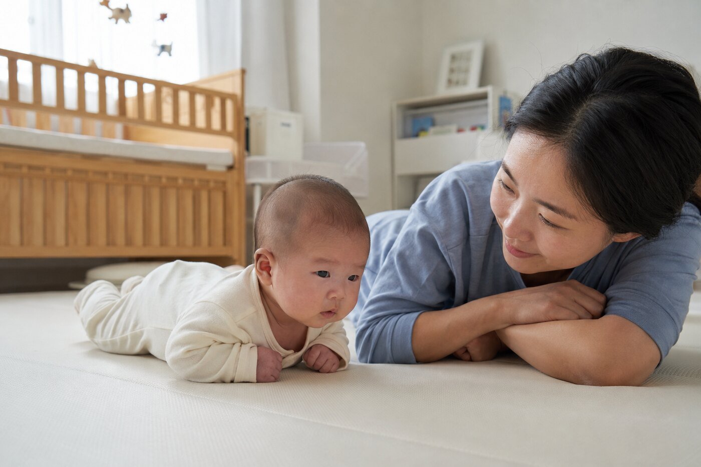 보호자가 옆에서 지켜보는 가운데 엎드려 고개를 잠깐 든 2개월 무렵 아기