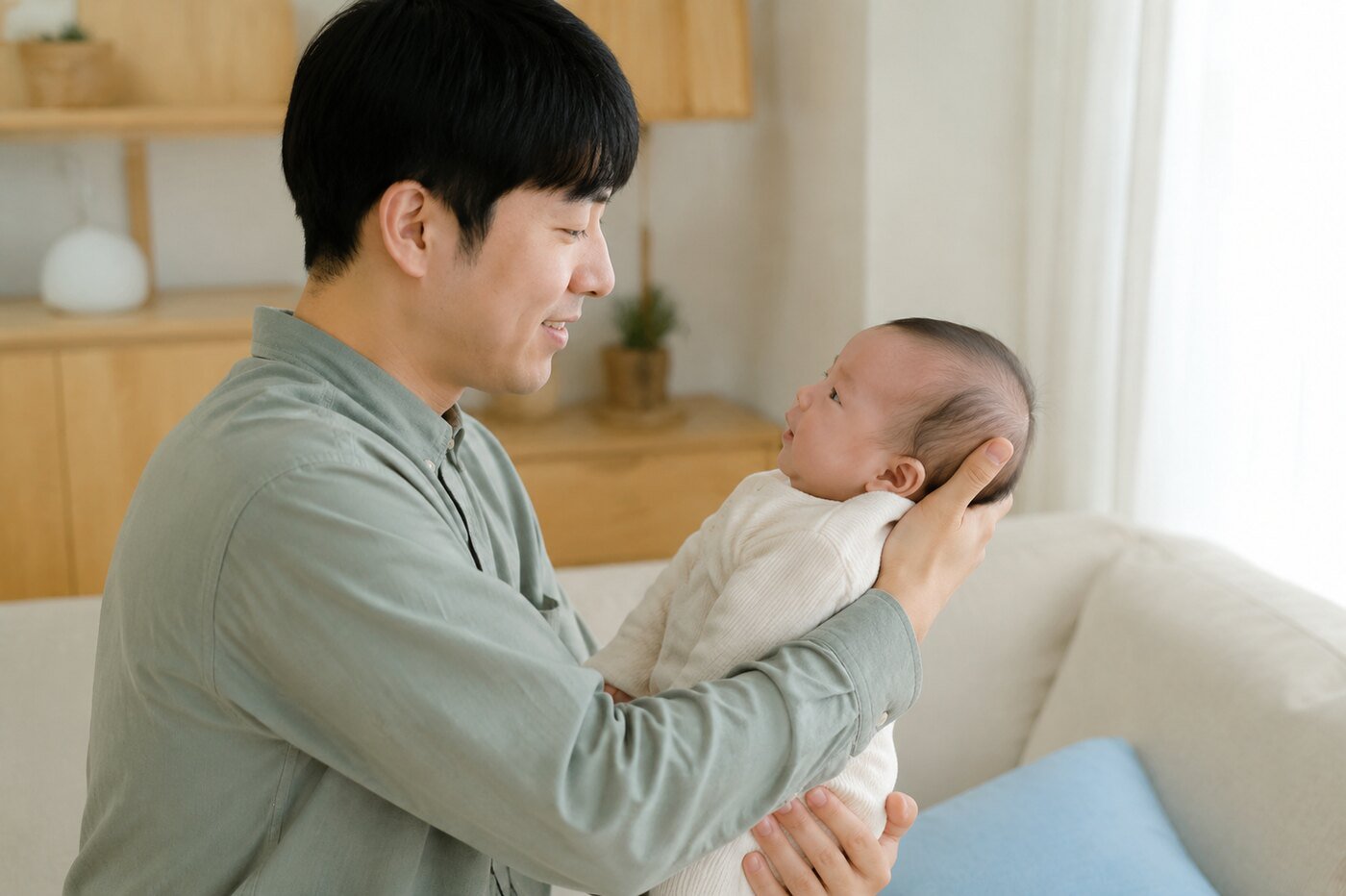 아기의 머리와 목을 한 손으로 받치고 안전하게 안아 올린 아빠