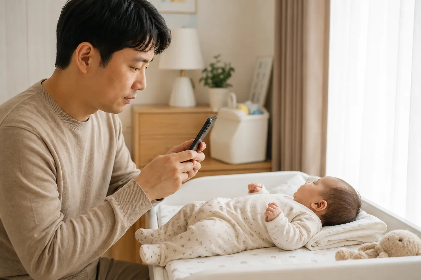 완전히 옷을 입은 아기 옆에서 발견 시점과 변화를 휴대전화에 기록하는 한국인 아빠