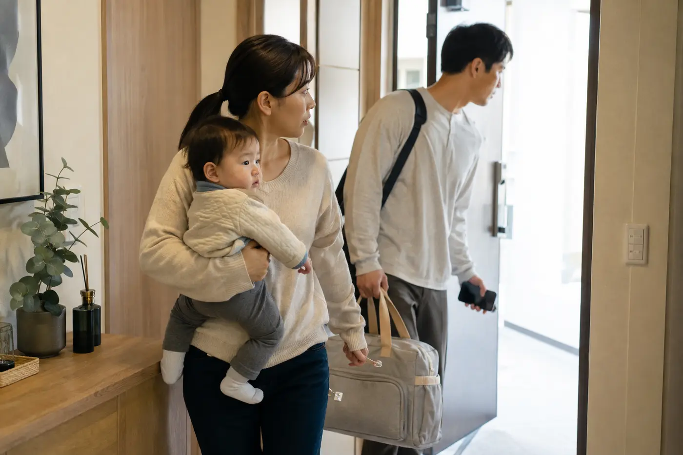 아기를 안고 신속한 의료평가를 받기 위해 집을 나서는 한국인 부모