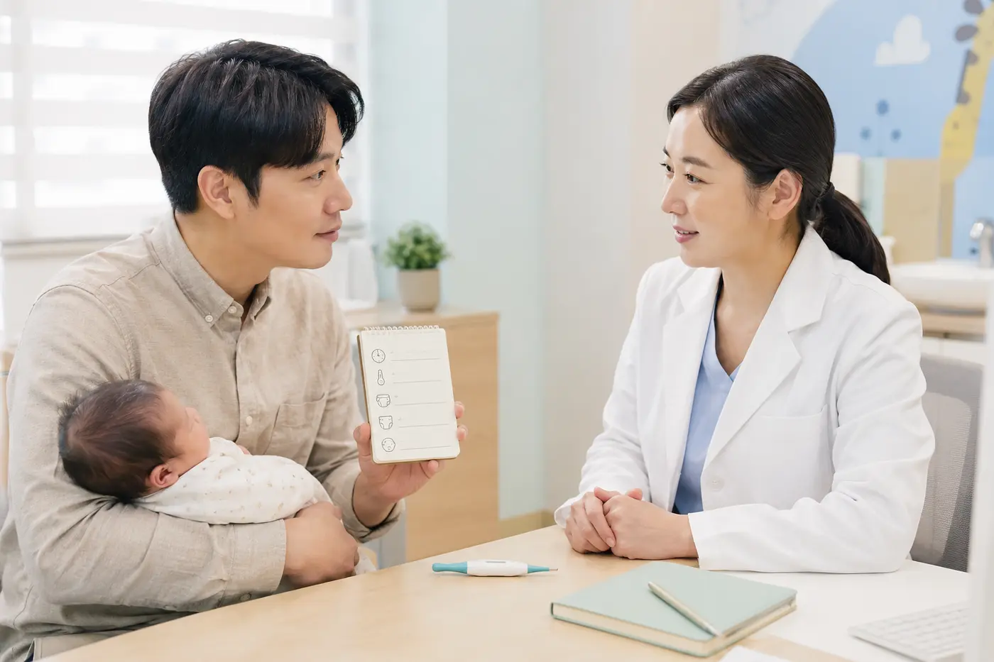 아기의 체온과 수유 기록을 보여주며 소아청소년과 의료진과 상담하는 아빠