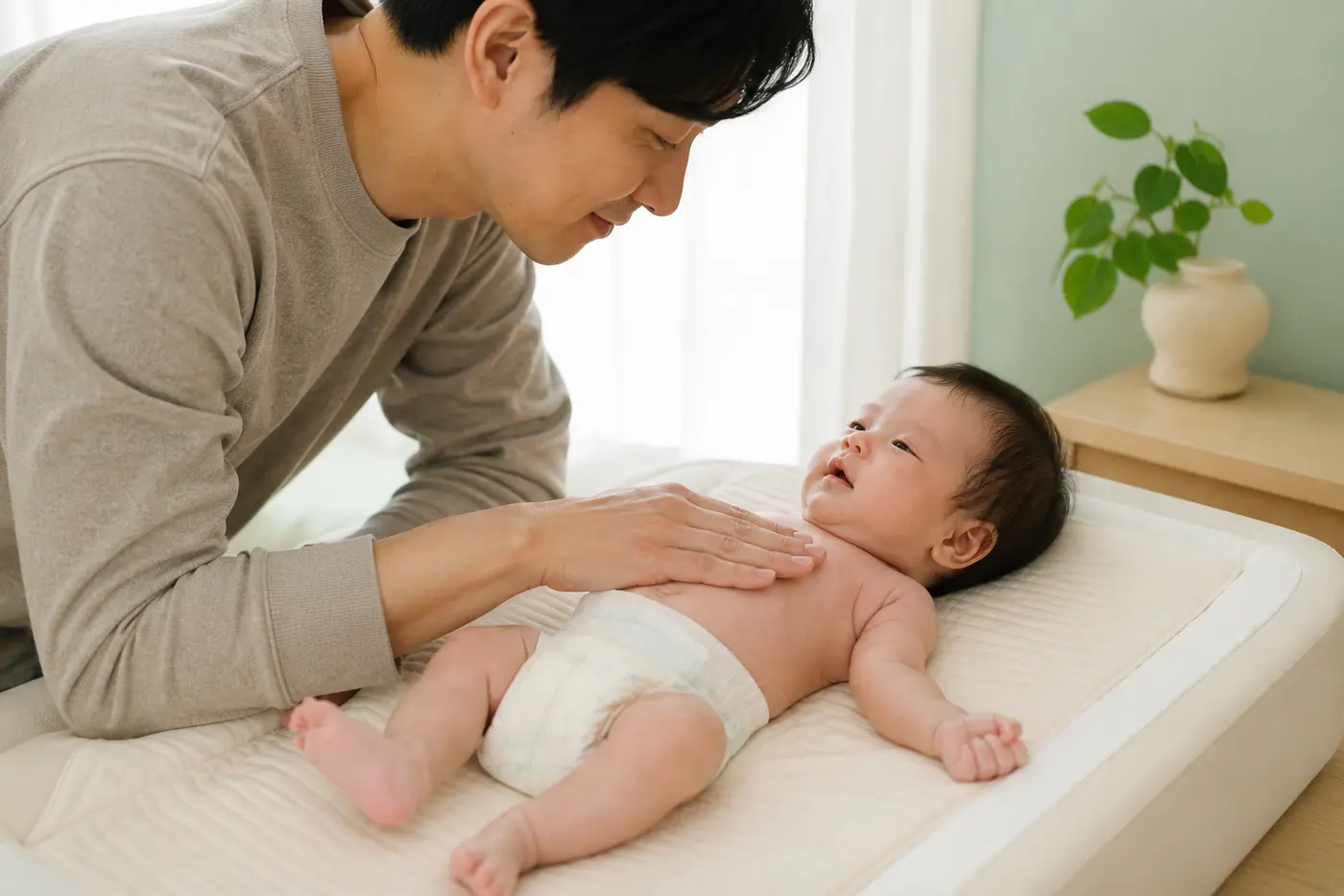 신생아 손발이 차가울 때 손등으로 아기 몸통의 온기를 확인하는 아빠