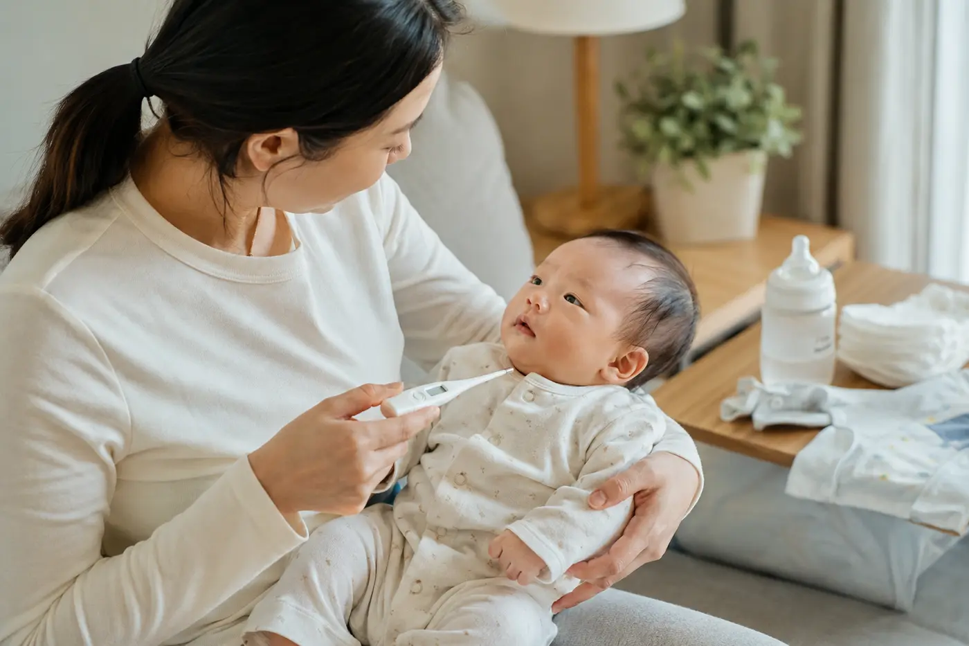 예방접종 후 집에서 2개월 아기의 체온과 반응을 살피는 부모