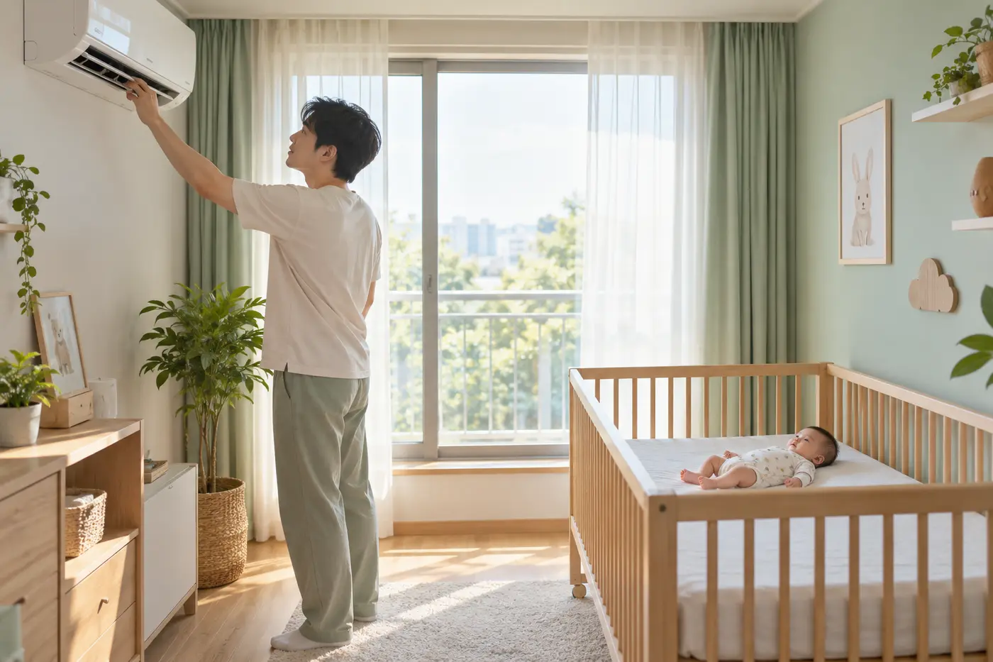 아기 침대에서 떨어진 곳에서 에어컨 바람 방향을 위로 조절하는 보호자