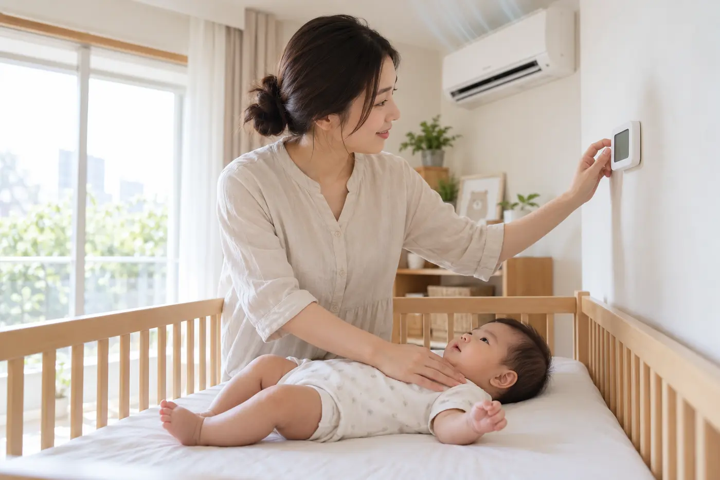 에어컨을 켠 방에서 아기의 가슴과 목 뒤 상태와 실내 온도를 확인하는 보호자