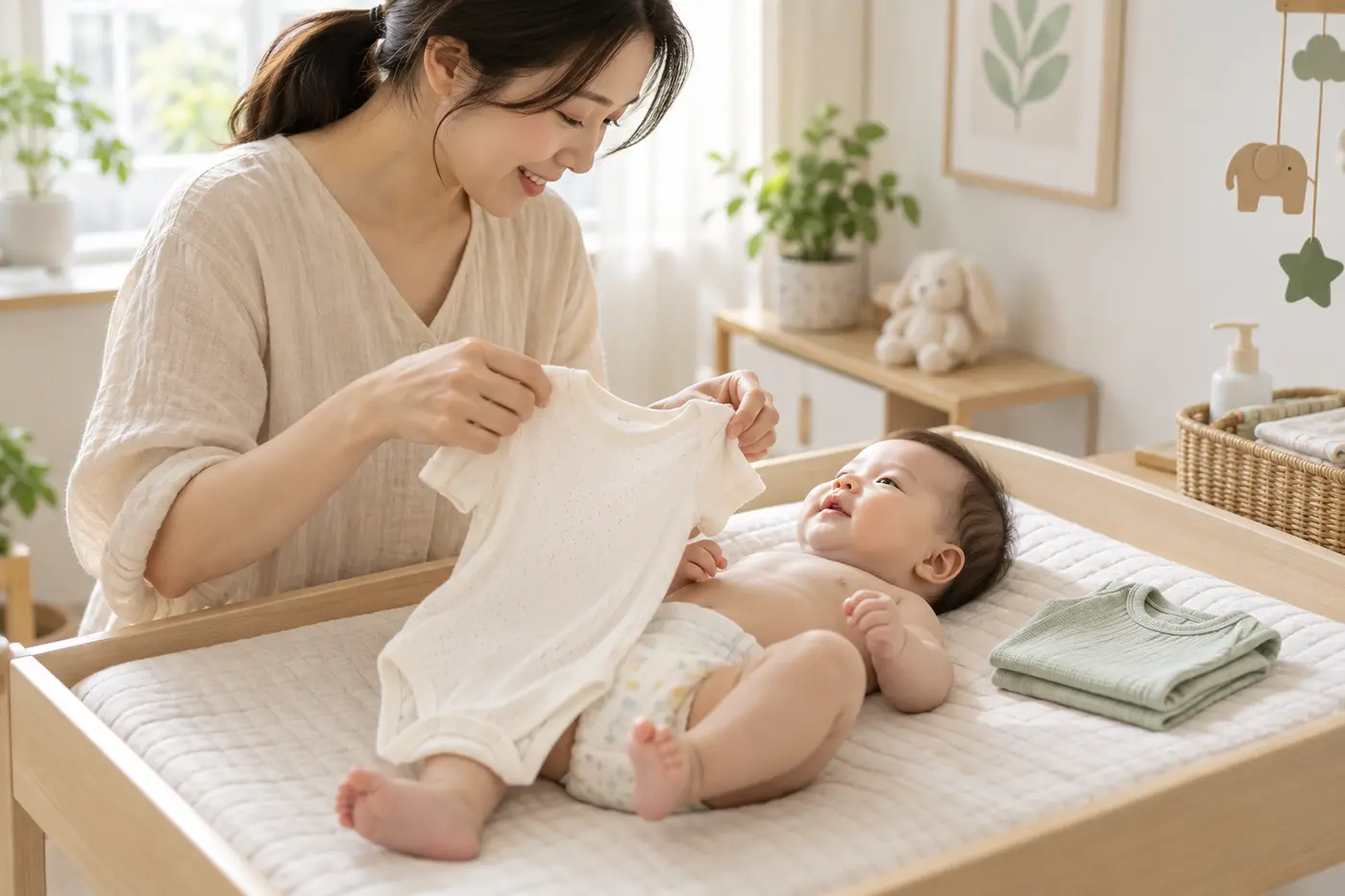 여름철 신생아에게 입힐 가볍고 통풍되는 옷 한 벌을 고르는 보호자