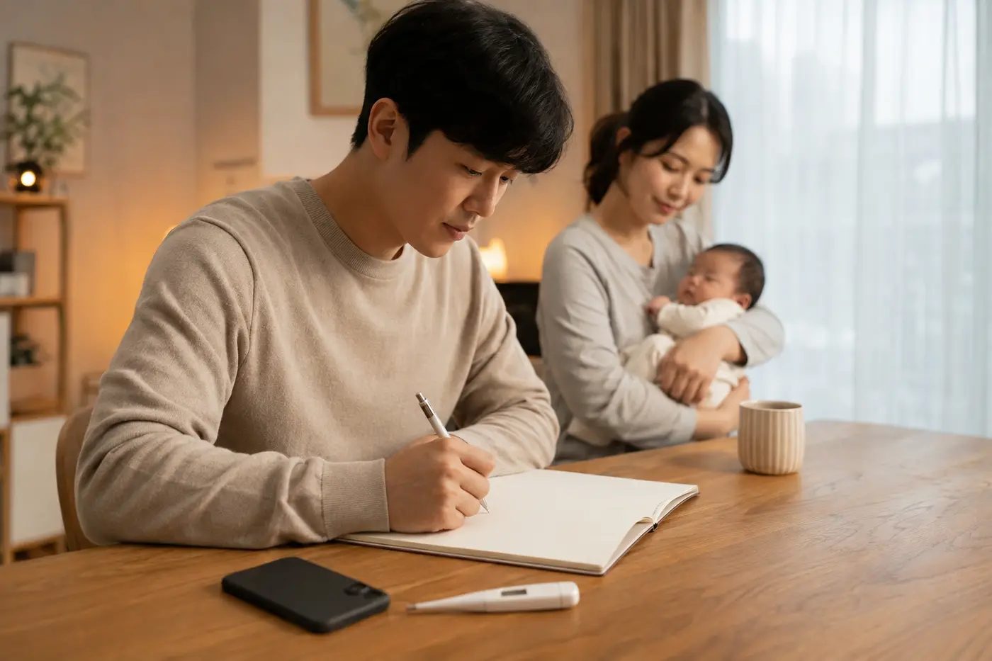예방접종 후 아기의 체온과 수유 반응을 기록하는 부모