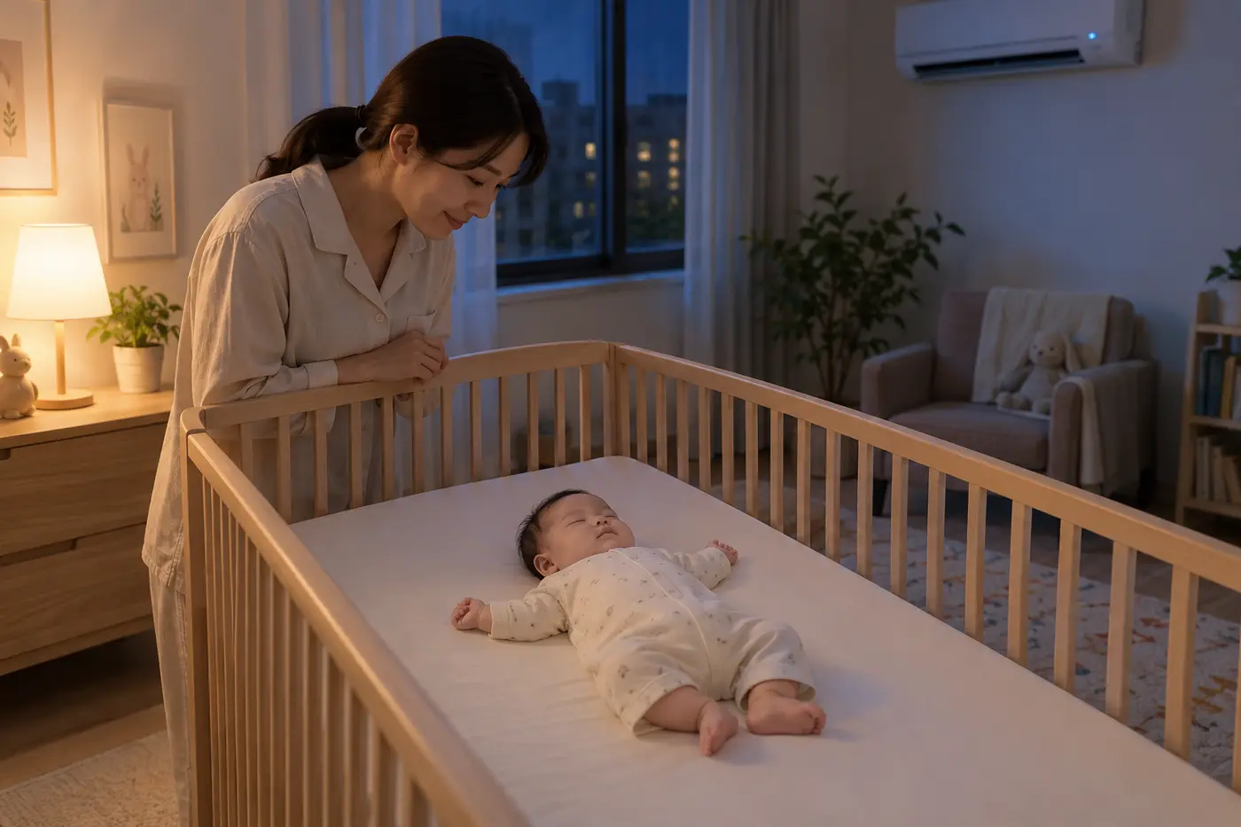 에어컨이 켜진 여름밤 단단하고 평평한 빈 침대에서 등을 대고 자는 아기