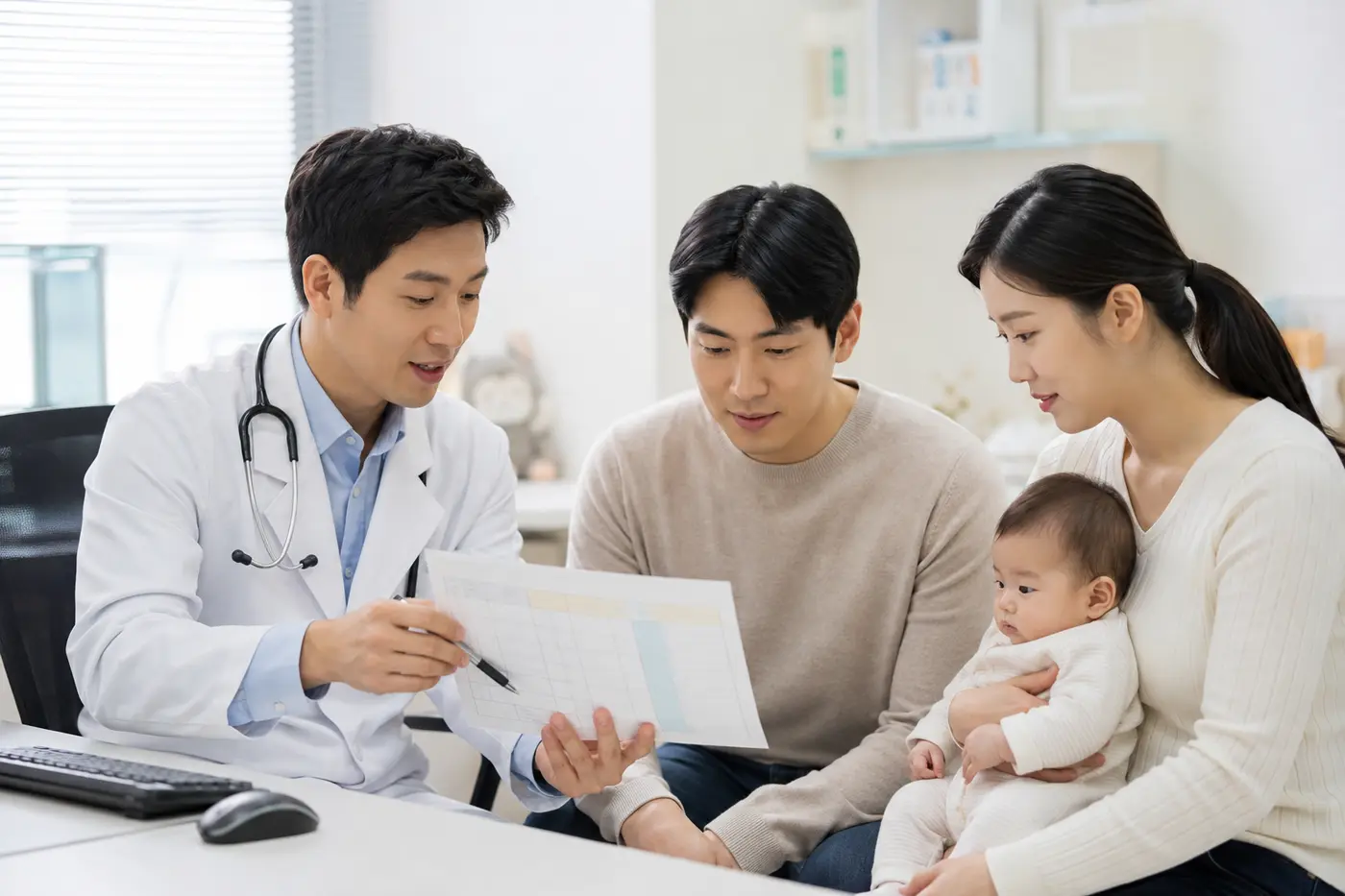 소아청소년과에서 2개월 아기의 예방접종 계획을 의료진과 확인하는 부모