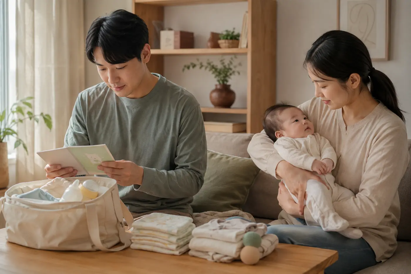 2개월 아기 예방접종 전 접종기록과 기저귀 수유용품을 준비하는 부모