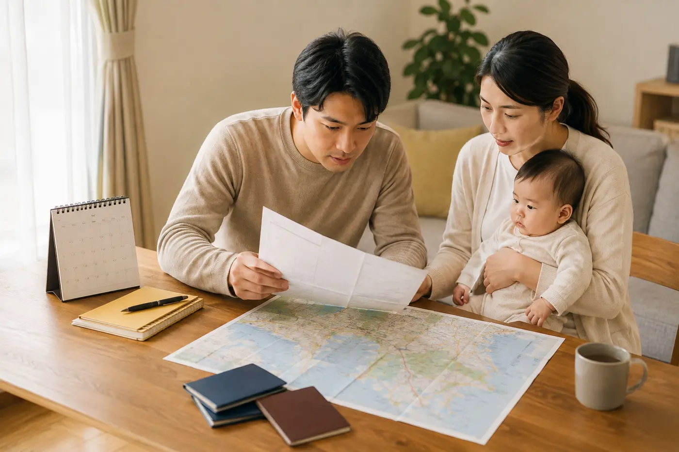 해외여행 전 아기 접종기록과 여행일정을 확인하는 부모