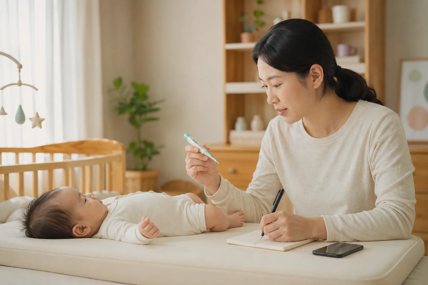 아기 체온과 수유·소변 상태를 기록하는 엄마