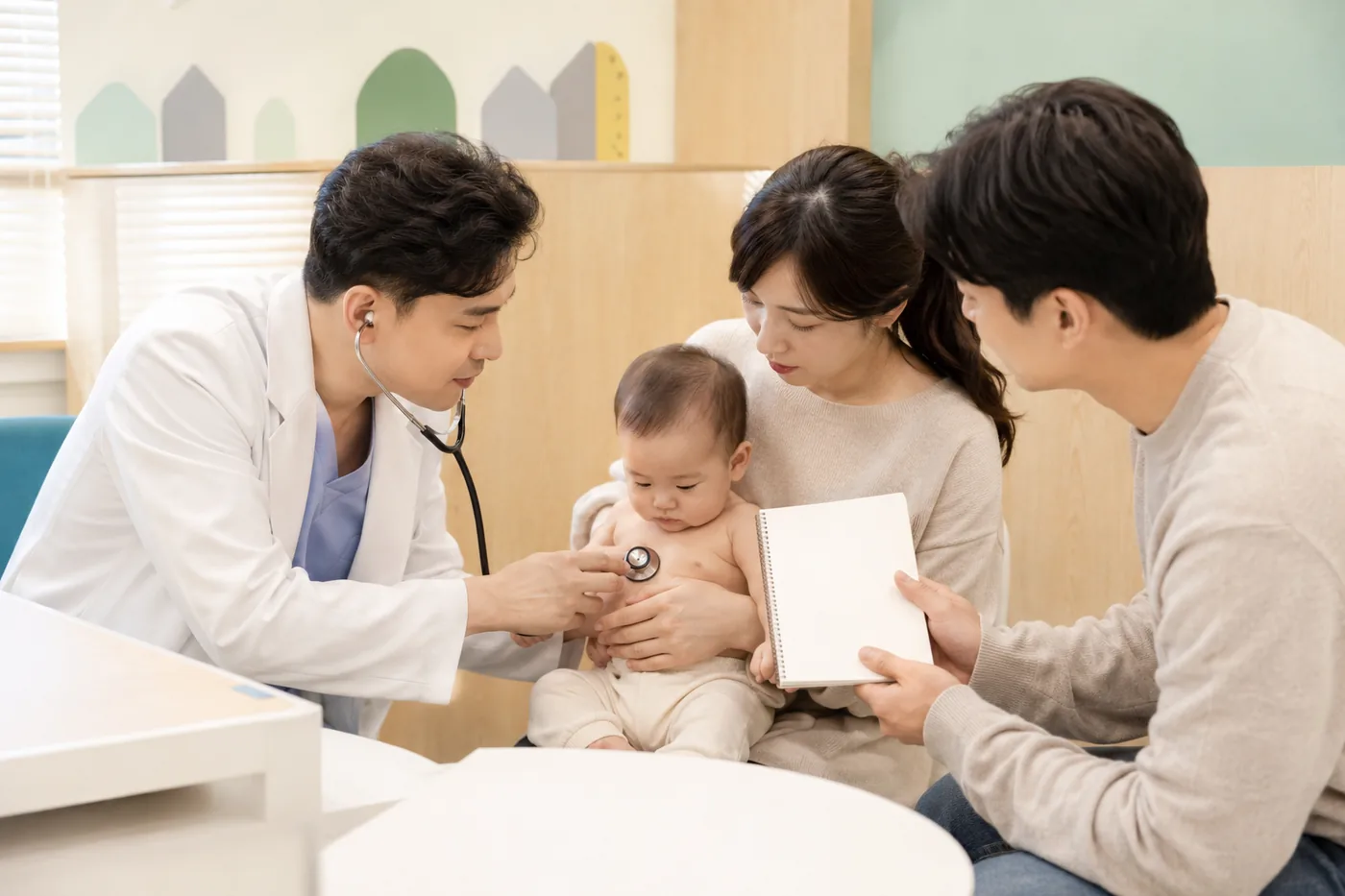 기록한 증상을 설명하며 소아청소년과에서 아기 진료를 받는 부모