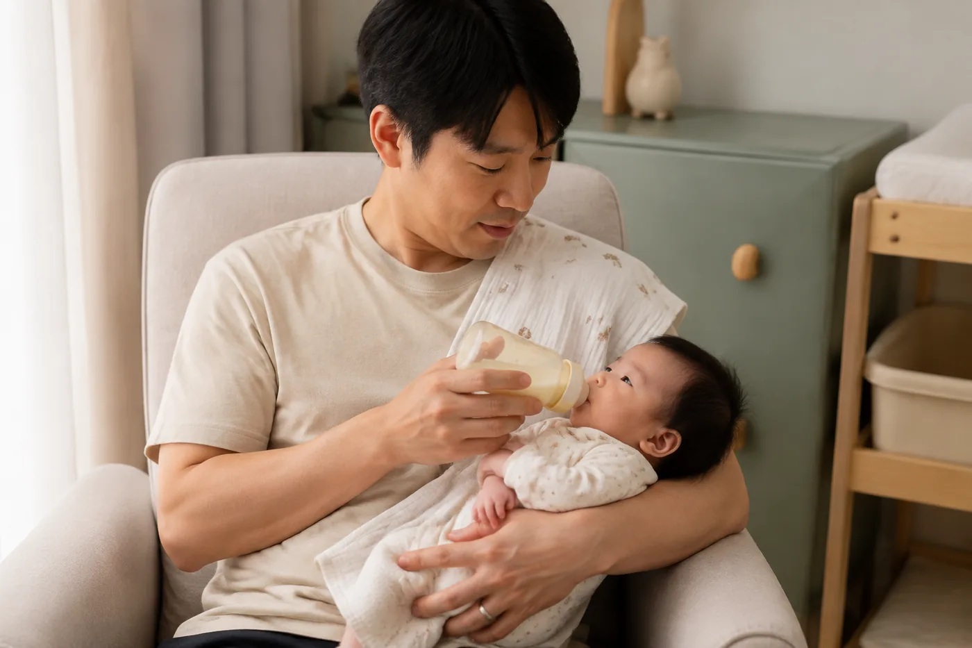 예방접종 후 아기의 목을 받쳐 수유하며 먹는 힘을 살피는 아빠