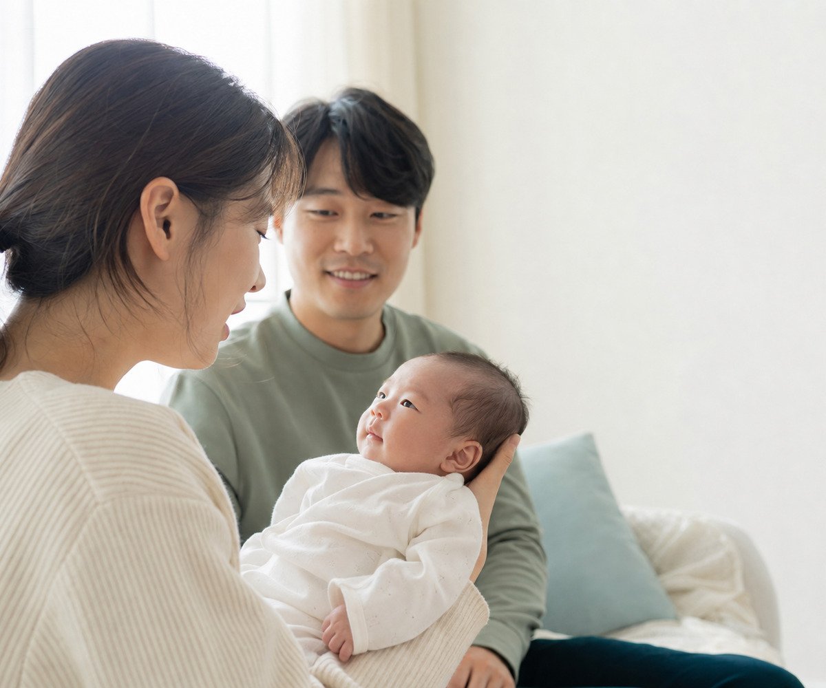 아기의 배고픔 신호를 함께 살펴보는 부모
