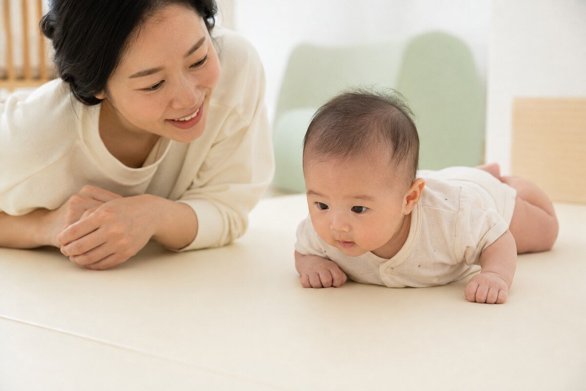 보호자가 지켜보며 터미타임 하는 생후 60일 아기