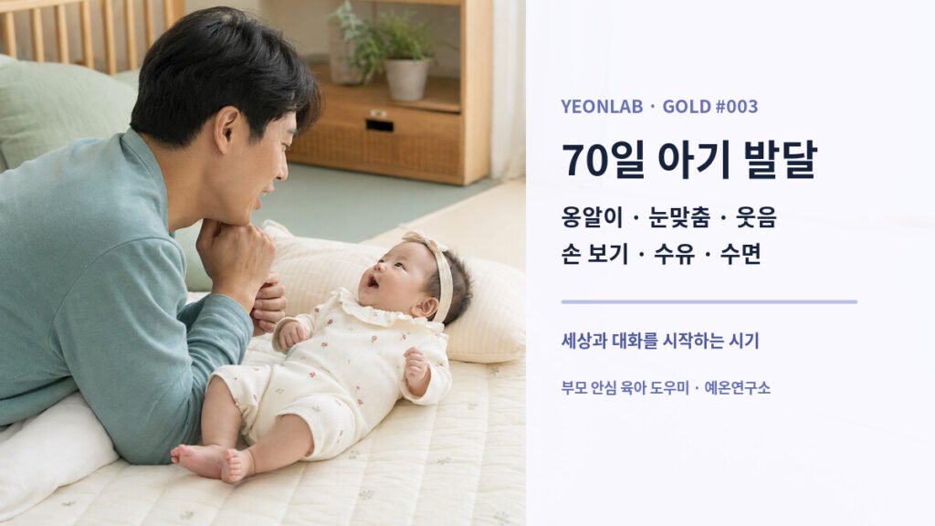 서로 눈을 맞추며 웃고 옹알이를 주고받는 70일 아기와 아빠