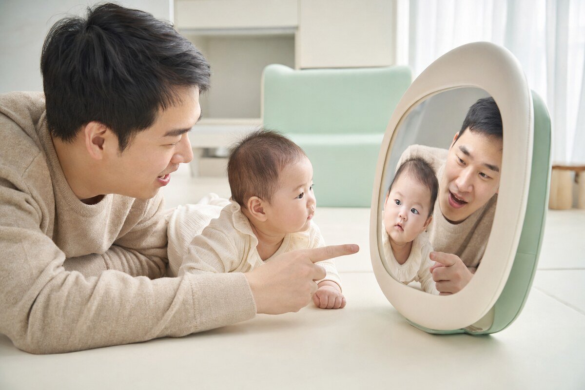 아빠와 아기용 거울을 함께 보며 표정을 주고받는 70일 아기