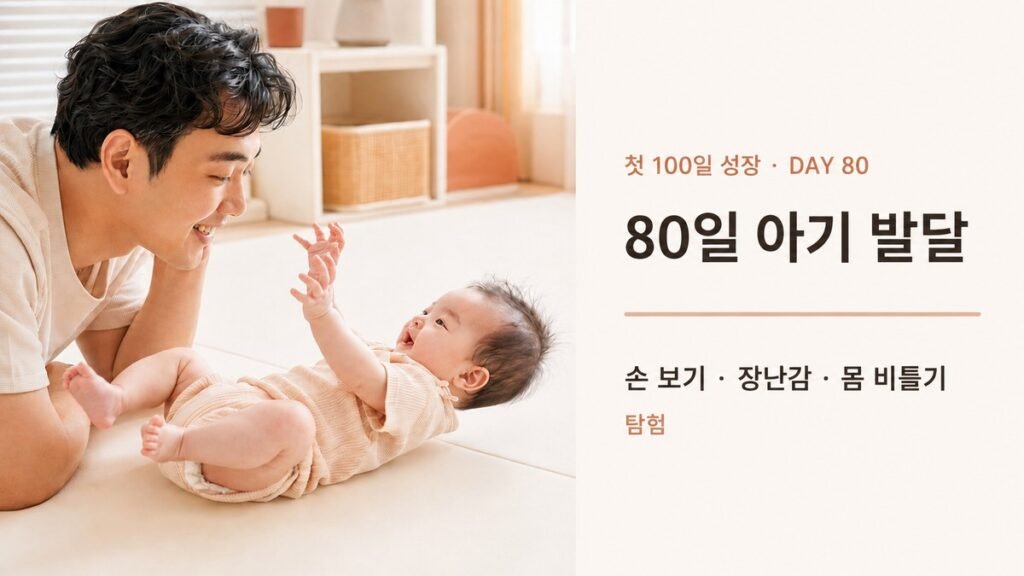 손과 발을 자유롭게 움직이며 탐험하는 생후 80일 아기와 지켜보는 아빠
