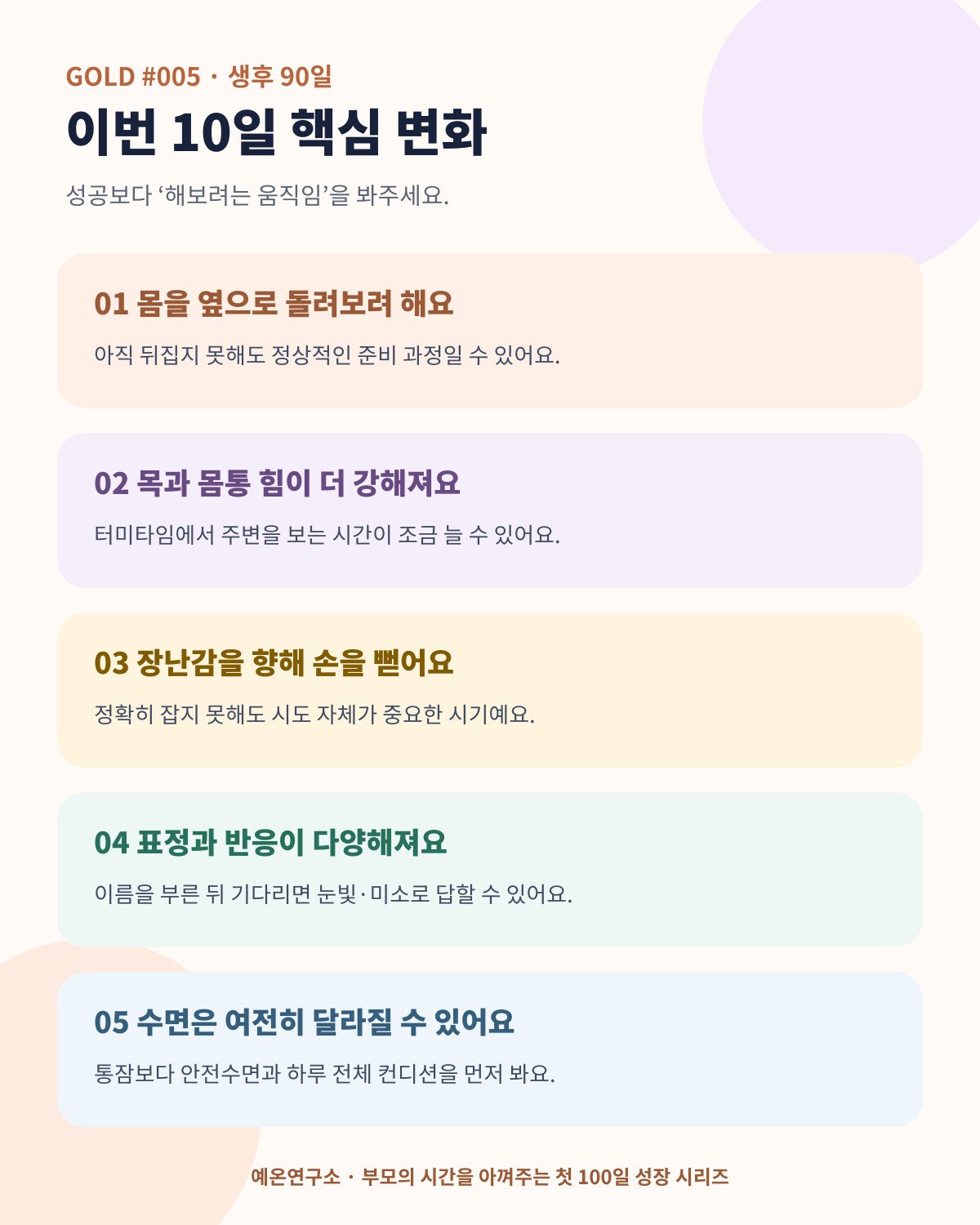90일 아기 뒤집기 목과 몸통 힘 장난감 잡기 표정 수면 핵심 변화 카드