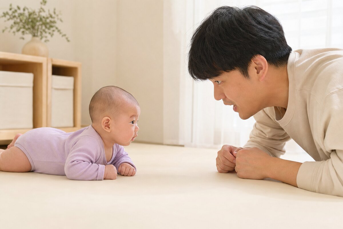 아빠가 가까이 지켜보는 가운데 터미타임에 도전하는 90일 아기