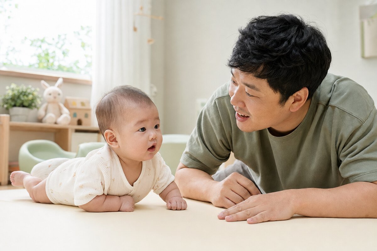 보호자가 지켜보는 가운데 엎드려 고개를 드는 100일 아기