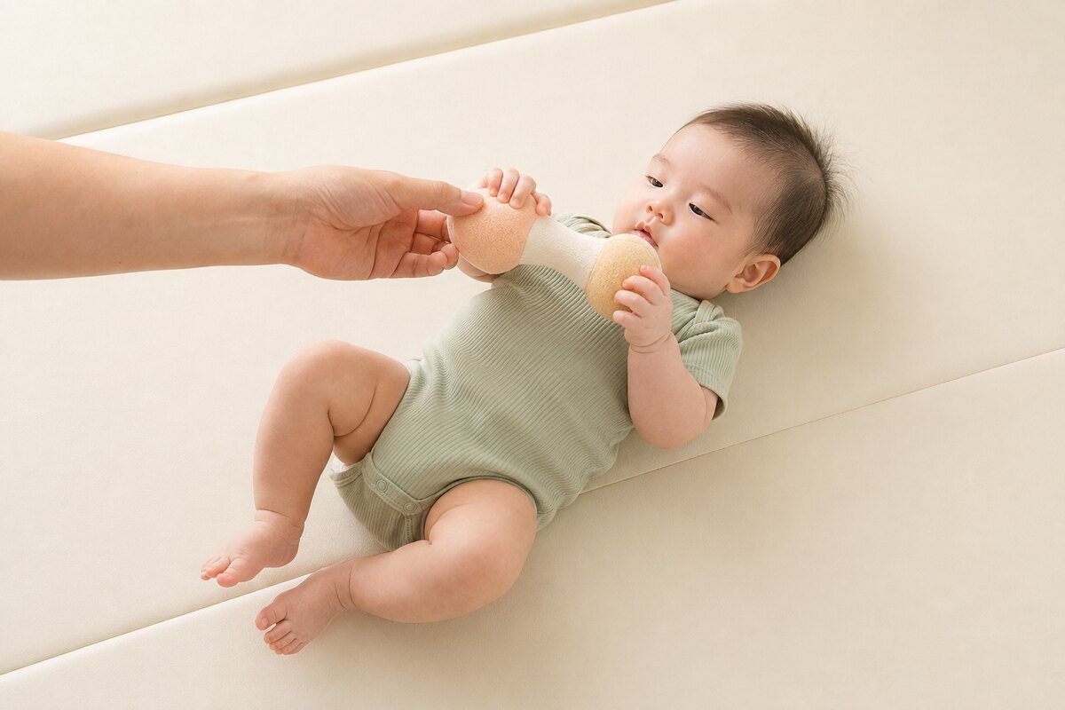장난감을 바라보며 손을 뻗어 탐색하는 100일 아기